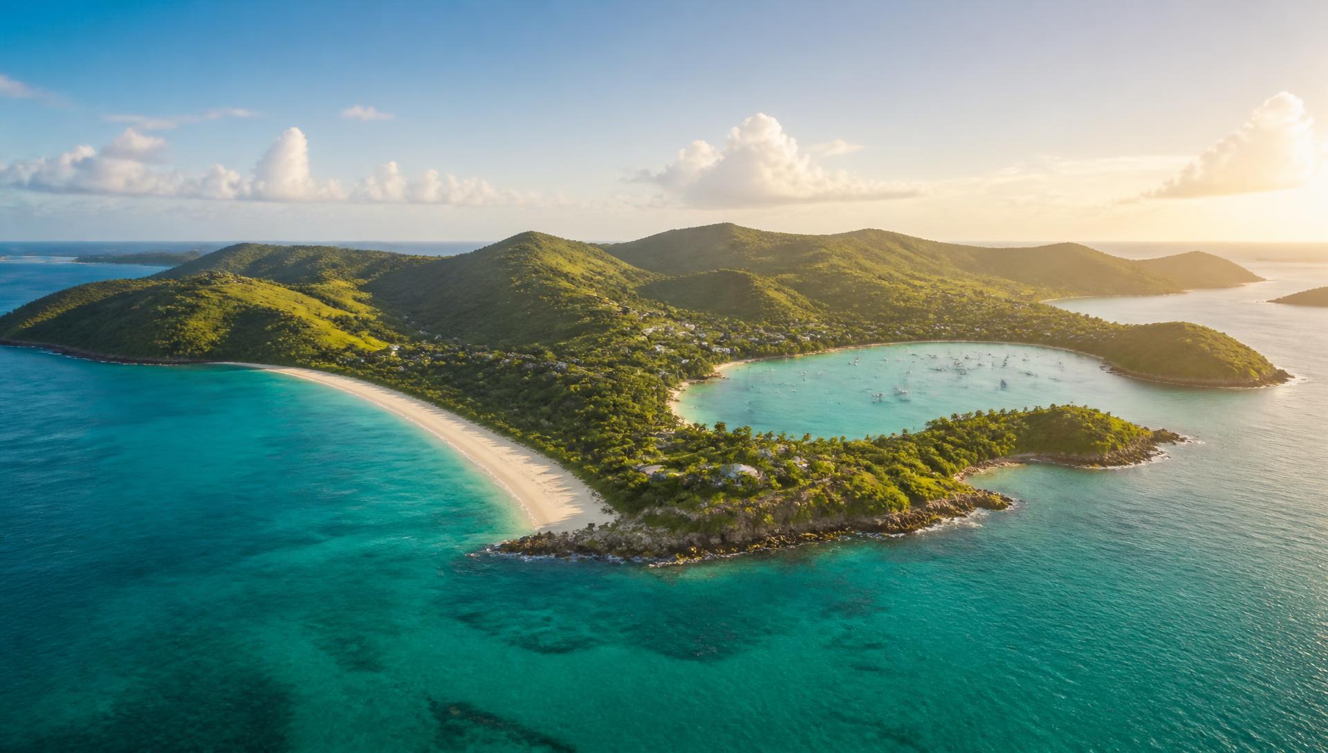 Panoramic view of Culebra's turquoise water, white sand beach and green hills